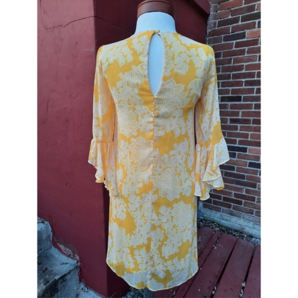 Calvin Klein Ruffle Sleeve Chiffon Yellow Print Dress 2 Spring Summer - Picture 5 of 10